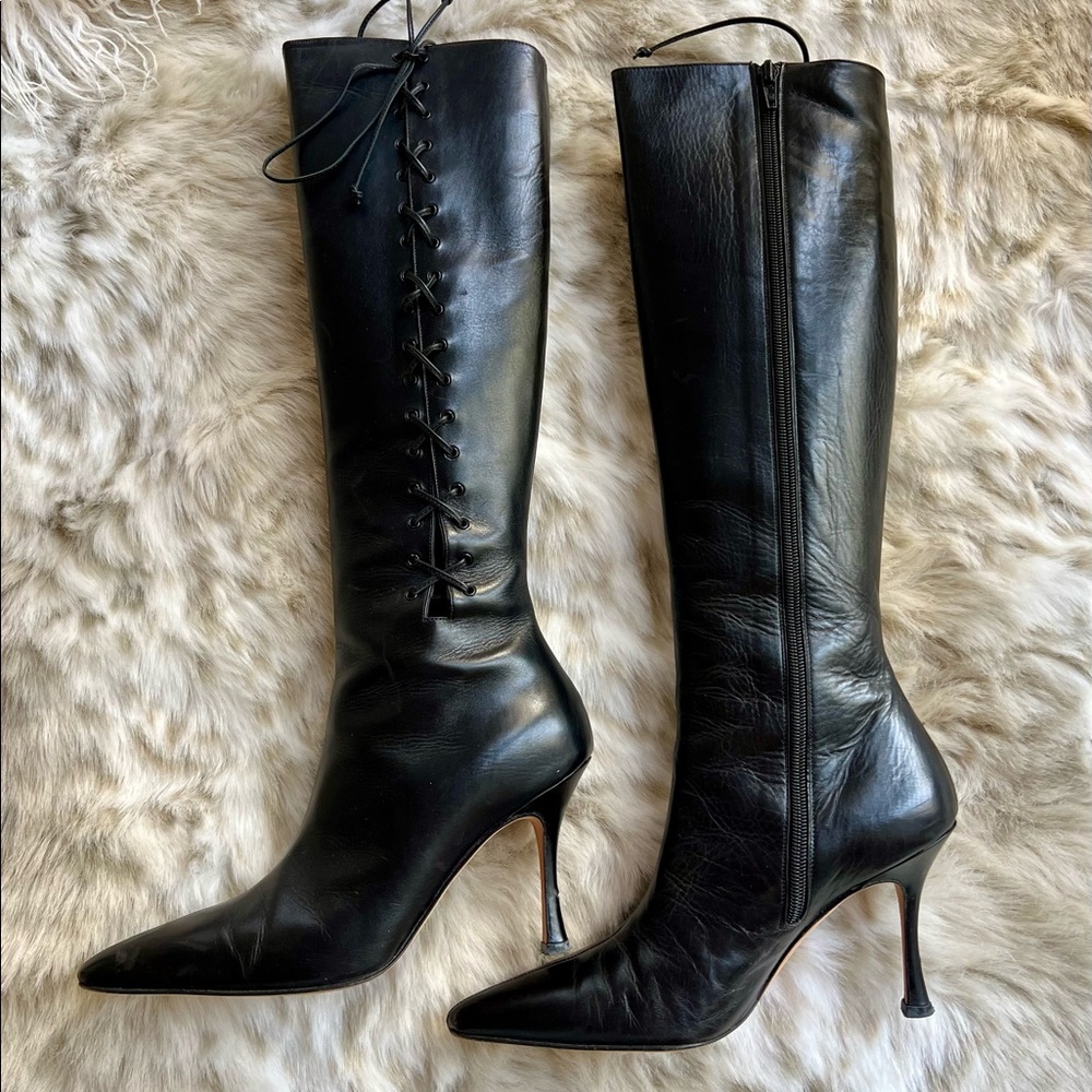 Manolo Blahnik leather lace up knee high boots